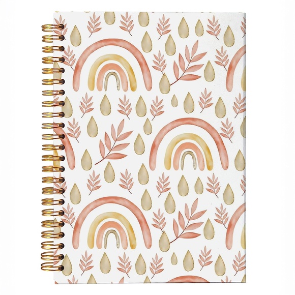 Boho Rainbow Botanical Leaf Rain Drop Pattern Lined Notebook - Picture 1 of 2